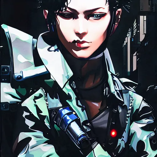 Image similar to cyberpunk military mafia woman with cybernetic arm, Yoji Shinkawa