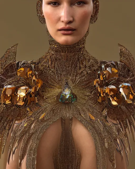 Prompt: a highly detailed metahuman 4 k close up render of bella hadid renaissance in iris van herpen dress schiaparelli in diamonds crystals swarovski and jewelry iridescent in style of alphonse mucha gustav klimt trending on artstation made in unreal engine 4