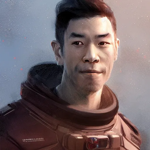 Image similar to a space ship crew member, male, asian, stubble, scars, tired smirk, sci fi character portrait by Ruan Jia and Mandy Jurgens