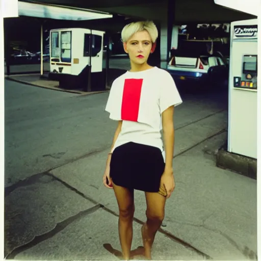 Prompt: polish woman with short hair wearing an issey miyake shirt and skirt at a gas station, polaroid, by nan goldin, jamel shabbaz, gregg araki