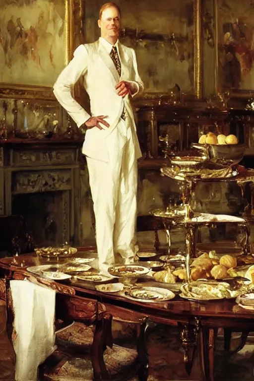 Image similar to portrait of a respectable dignified royal business elite politician standing on top of a finely set table calmly stepping in the food art by anders zorn, wonderful masterpiece by greg rutkowski, beautiful cinematic light, american romanticism by greg manchess, jessica rossier