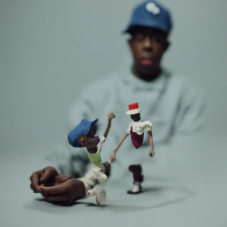 Image similar to a cinematic film still of a claymation stop motion film starring tyler the creator, shallow depth of field, 8 0 mm, f 1. 8