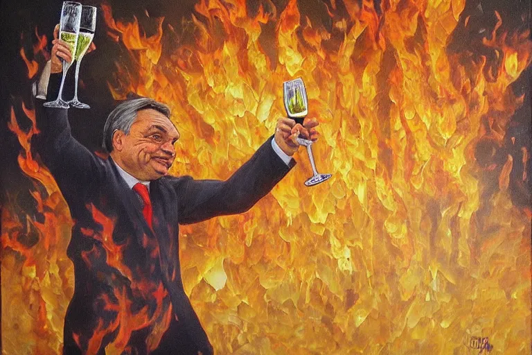 Prompt: viktor orban drinking champagne and cheering in front a burning city, highly detailed eyes, oil on canvas