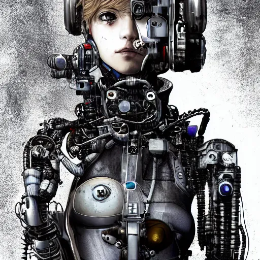 Image similar to highly detailed portrait of a post-cyberpunk robotic young lady with space helmet and wired cybernetic face modifications, robotic limbs, by Akihiko Yoshida, Greg Tocchini, Greg Rutkowski, Cliff Chiang, 4k resolution, persona 5 inspired, dull misty brown black and white color scheme with sparking stray wiring