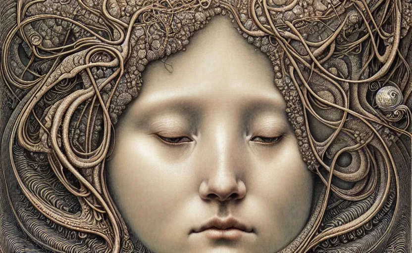 Image similar to detailed realistic beautiful moon goddess face portrait by jean delville, gustave dore, iris van herpen and marco mazzoni, art forms of nature by ernst haeckel, art nouveau, symbolist, visionary, gothic, neo - gothic, pre - raphaelite, fractal lace, intricate alien botanicals, ai biodiversity, surreality, hyperdetailed ultrasharp octane render