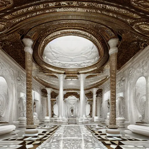 Prompt: the interior of a beautiful white temple carved into a mountain, large white halls with gigantic pillars, marble floor, digital artwork, fantasy, epic, realistic, high quality, detailed, wallpaper,