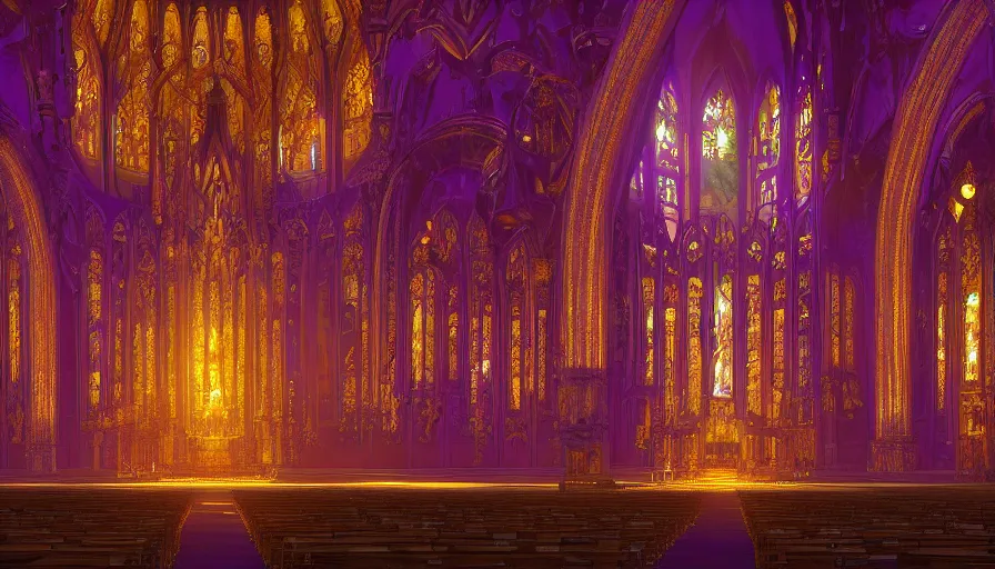 Prompt: Interior of a golden and purple church, hyperdetailed, artstation, cgsociety, 8k