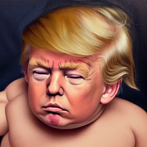 Prompt: portrait donald trump as a baby looking ashamed, fine art, award winning, subtle earthy tones, intricate, elegant, sharp focus, cinematic lighting, digital painting, 8 k concept art, by michael hussar and greg manchess and brom and z. w. gu, 8 k