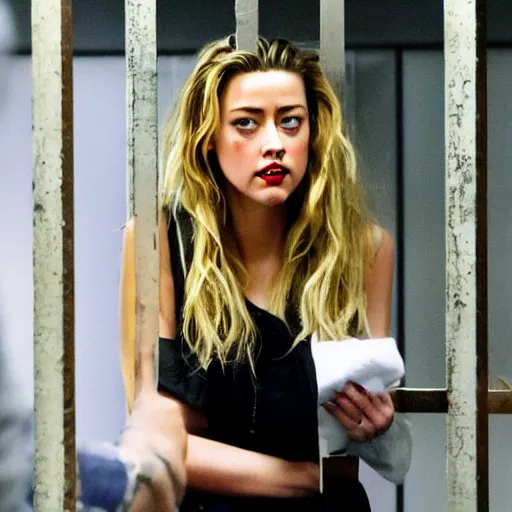 Image similar to amber heard behind bars locked in a jail cell with a frown on her face and wearing a prisoner uniform