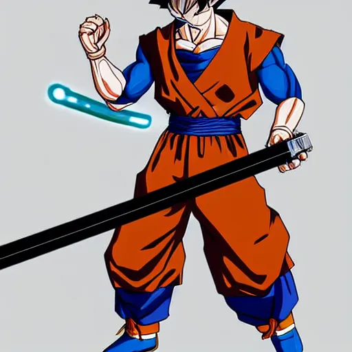 Prompt: Goku wearing a brown floor length rober welding a lightsaber, sci Fi, concept art, detailed, stylized