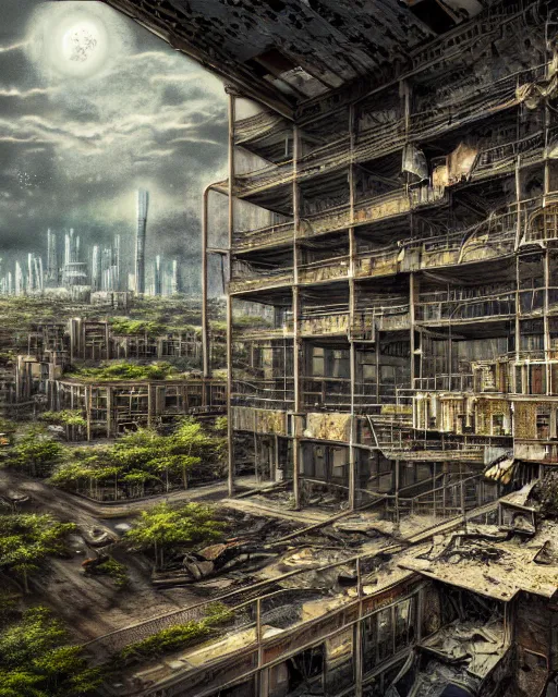 Image similar to a beautiful hyperdetailed illustration of nature unfinished building mine architecture building industrial architecture city urbex abandoned by rafael aranda, liberty city flowers sci - fi at spring cgsociety nightsky, archdaily, wallpaper, highly detailed, trending on artstation.