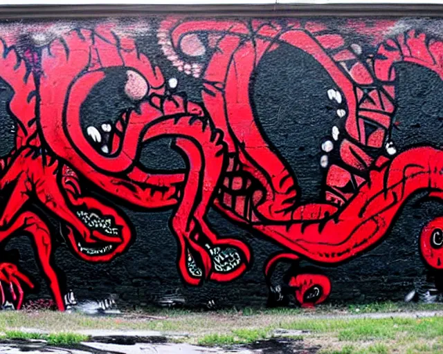 Image similar to 16k footage of a wall that has some lovecraftian graffiti on it inspired by wretched dragon rib cage. lovecraftian graffiti in red and black colors. the art is cursed and ecrusted with jewels.