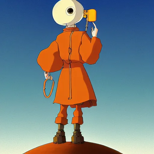 Prompt: a study of cell shaded cartoon of an orange mechanized monk from howl's moving castle ( 2 0 0 4 ) on a desert road, full body, wide shot, very muted colors, post grunge, studio ghibli, laurie greasley, highly detailed, deviantart, art by artgem