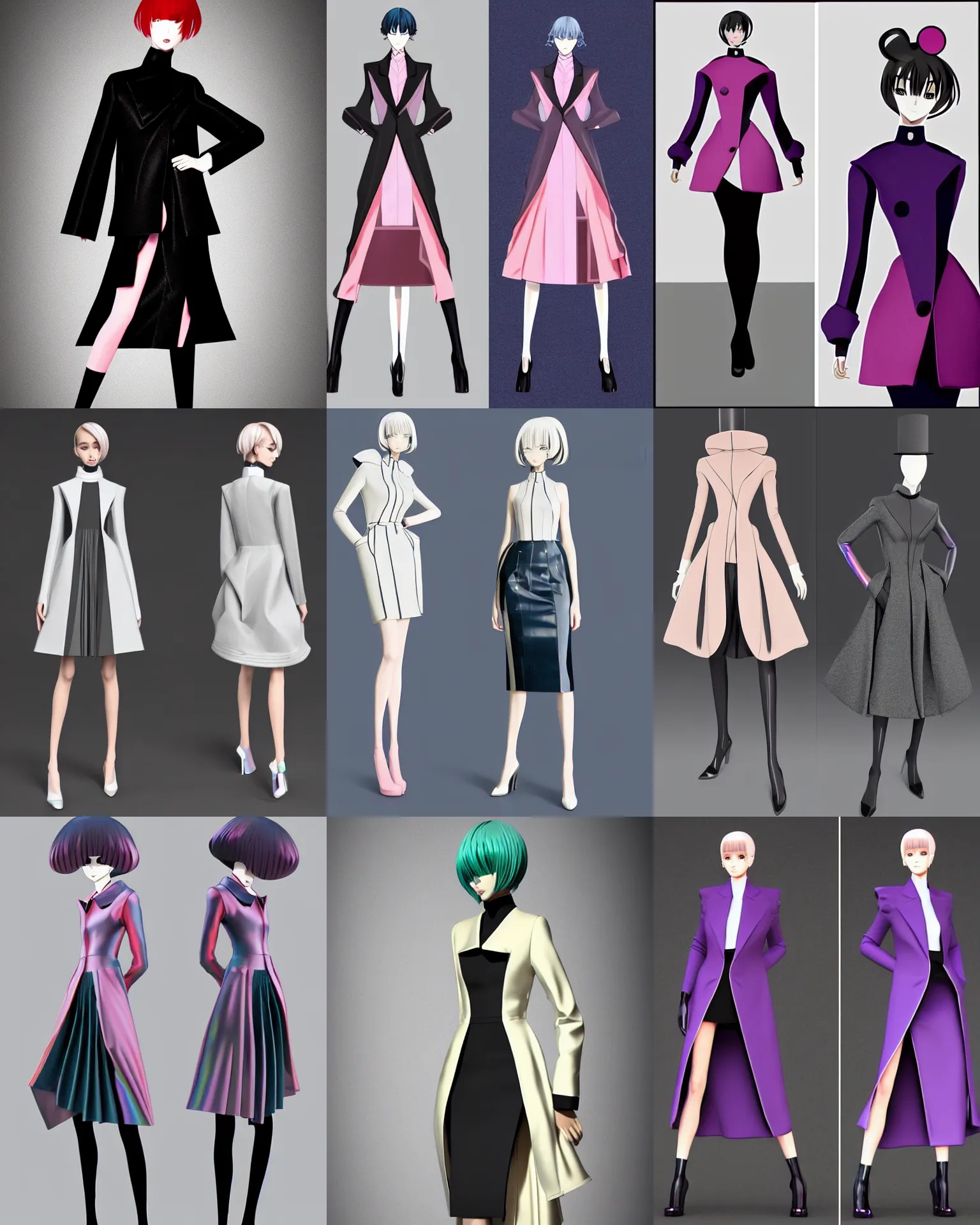 Prompt: designer anime stylized figure haute couture collection light textiles, holographic tones, body fitted dart manipulation, loose coat collar sailor uniform, midi skirt, coated pleats, synthetic curves striking pose, stylized dynamic folds, cute huge pockets, intriguing volume flutter, youthful, modeled by modern designer bust, expert composition, professional retouch, editorial photography