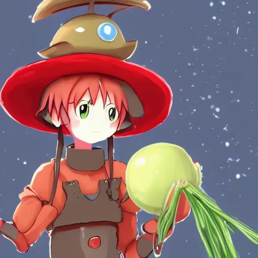 Image similar to cute human robot with big tomato hat and a carrot sword, made in abyss style