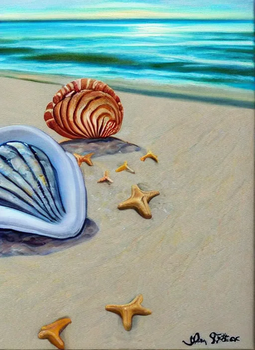 Image similar to she sells sea shells by the sea shore; painting by John foster.