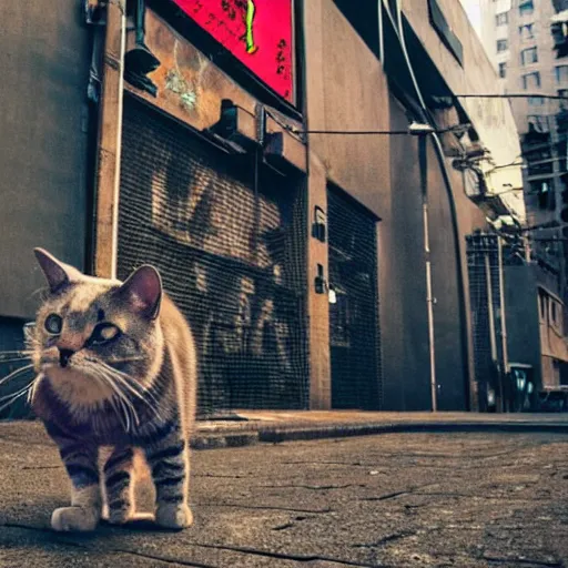 Prompt: a cat with cyberpunk parts in the city