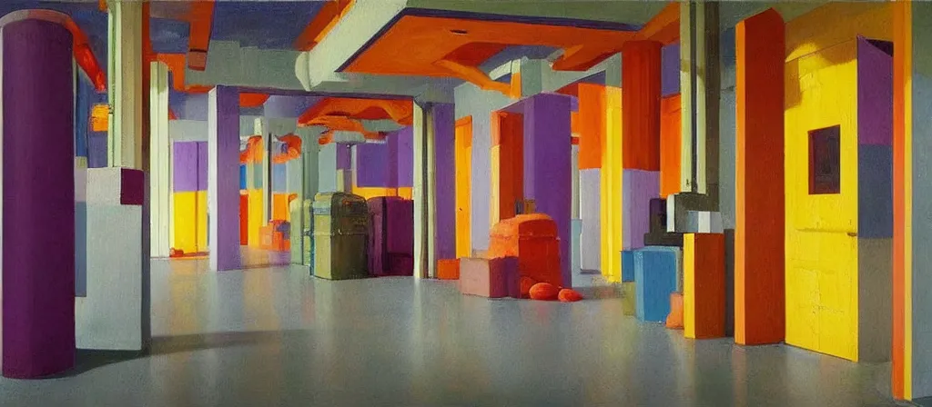 Image similar to colorful minimalist industrial interior hallway with monolithic pillars in the style of ridley scott and stanley kubrick, impossible stijl architecture, bed of flowers on floor, ultra wide angle view, realistic detailed painting by edward hopper