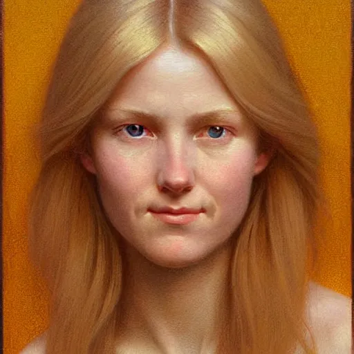 Image similar to Facial portrait of a cute shy woman, looking away from the camera, shy smile, mouth slightly open, lips slightly parted, long blond hair, no hands visible,, intricate, extremely detailed painting by Henry Justice Ford and by Greg Rutkowski and by Moebius, golden hour