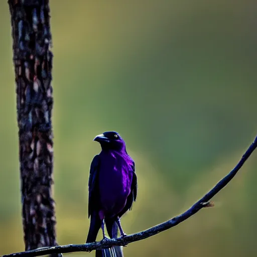 Prompt: backlit purple crow on a branch, bright sun made of lollipop