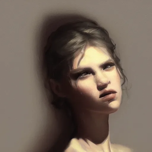 Image similar to a young woman, dramatic lighting, chiaroscuro, high detail, painted by romain jouandeau, trending on artstation