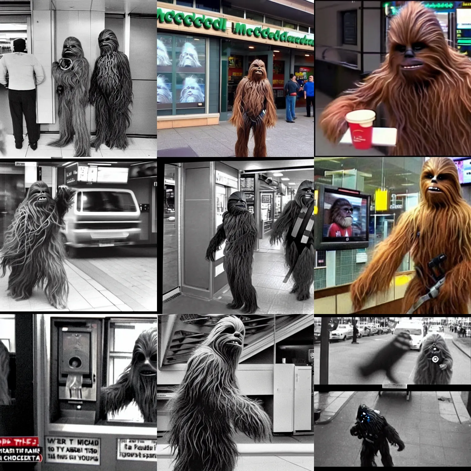 Prompt: chewbacca robbing a mcdonald's, cctv footage