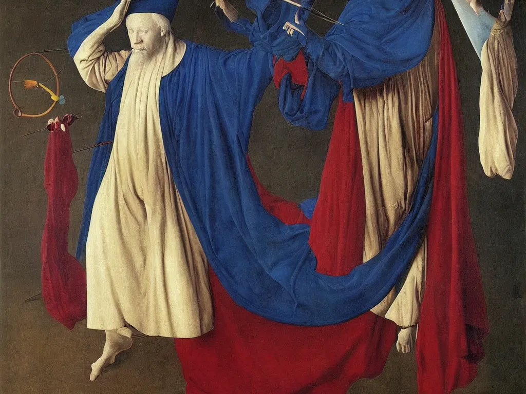 Image similar to Portrait of albino mystic with blue eyes, with Sufi whirling dervish. Painting by Jan van Eyck, Audubon, Rene Magritte, Agnes Pelton, Max Ernst, Walton Ford