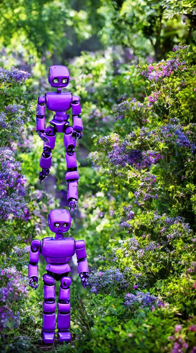 Prompt: toy humanoid robot in a garden, hyper detailed, sharp focus, bokeh, unreal engine, ray tracing, cute, fantasy, sci fi, purple flowers, blue flowers, violet flowers, glowing flowers, tiny, small, hyper realistic, sky