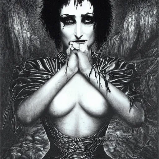 Image similar to siouxsie sioux, creepy atmosphere, dark, portrait, realistic, very realistic, illustration by gustave dore