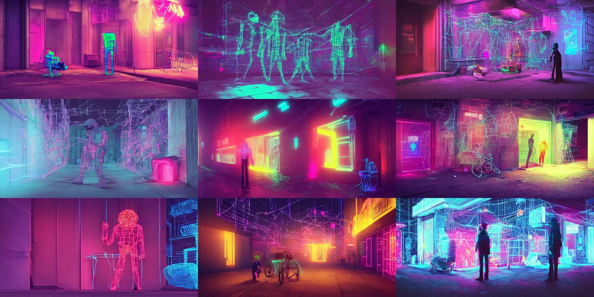 Prompt: ”homeless android begging on an alley, colorful glowing neon wireframe synthwave, coherent, 4k, octane render”