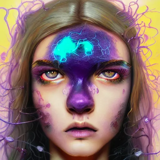 Prompt: detailed photo portrait of a furious teen girl with thin, hair-like purple tentacles on her head and bright purple eyes, 8k,by tristan eaton, Stanley Artgermm,Tom Bagshaw,Greg Rutkowski,Carne Griffiths,trending on DeviantArt, face enhance,hyper detailed ,full of colour, dramatic lightning