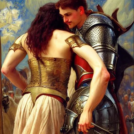 Image similar to attractive fully clothed arthur pendragon confesses his love for his attractive fully clothed male knight. highly detailed painting by gaston bussiere and j. c. leyendecker 8 k