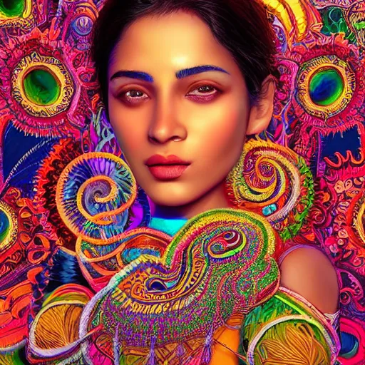 Prompt: the face of a ridiculously beautiful and sophisticated indian woman partially made of onion rings of all colors looking down, an ultrafine detailed illustration by james jean, final fantasy, intricate linework, bright colors, behance contest winner, vanitas, angular, altermodern, unreal engine 5 highly rendered, global illumination, radiant light, detailed and intricate environment