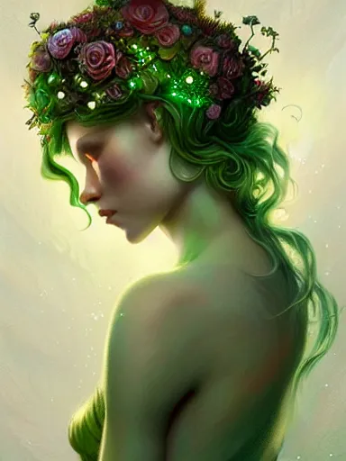 Image similar to green!! forest fae ; by james jean, charlie bowater, tom bagshaw, nikolay makovsky, melanie delon : : enchanting, ethereal, magical, glowing, sparkle, iridescent, flowerpunk, portrait, character design, illustration, hyperrealism, photorealism, digital art, concept art, dark fantasy, weta, wlop, artstation