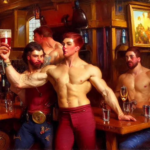 Image similar to attractive muscular mike wearing pants with dark red hair with muscular attractive tyler with brunet hair, wearing pants drinking their hearts out, in a pub. very defined and highly detailed painting by gaston bussiere, j. c. leyendecker, craig mullins 8 k