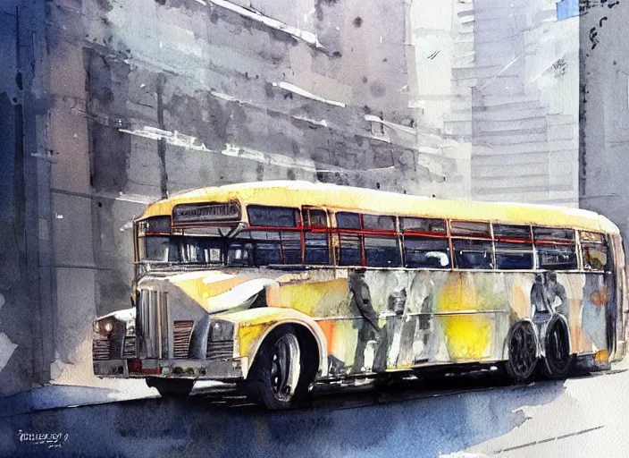 Image similar to concept art of a urban bus, pinterest, artstation trending, behance, watercolor, by coby whitmore, silver, laser light,