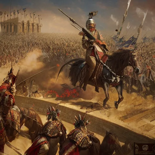 Prompt: an extremely detailed matte painting the winged hussars charging ottoman artillery, chaotic gun fire, heroic charge, epic fantasy, viewed in profile from far away, sharp focus, detailed face, art by greg rutkowski and alphonse mucha, volumetric lighting, 4 k resolution, artstation