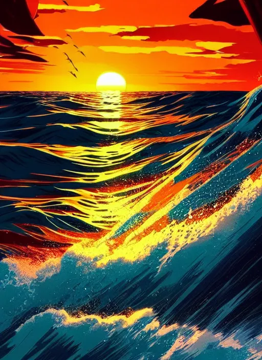 Image similar to ocean, sunset, scenery wallpaper aesthetic, beautiful, cinematic, dramatic, super detailed and intricate, hyper realistic, 4 k render, by koson ohara, by darwyn cooke