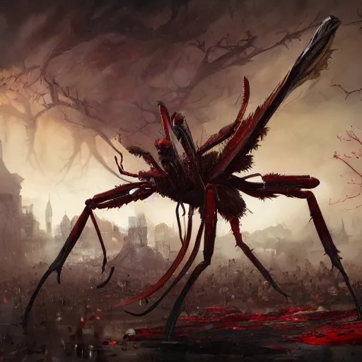 Prompt: a giant bloody mantis, by Greg Rutkowski, in the design of magic the gathering