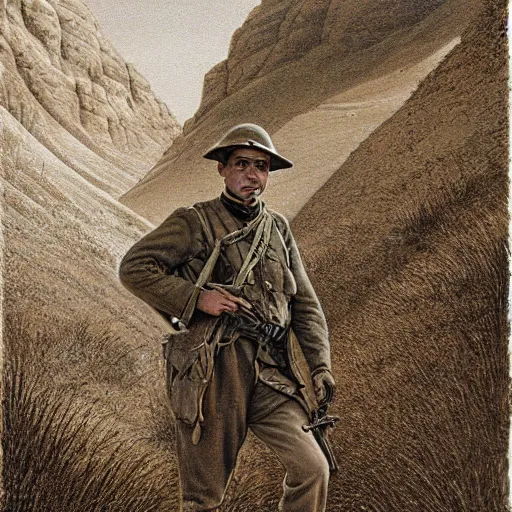 Image similar to a detailed photorealistic sepia - toned color portrait painting of a 1 9 1 7 worried clean - shaven british lieutenant in field gear from the arab bureau in wadi rum, ultra realistic, intricate details, atmospheric, dark, brooding, highly detailed, by clyde caldwell