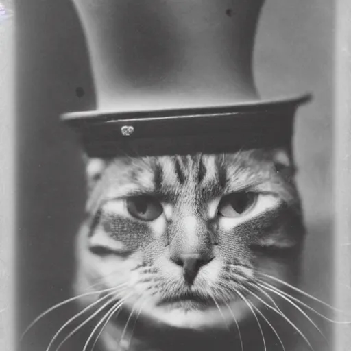 Prompt: A cat wearing a Pickelhaube, WWI, black and white photography, film grain, f 1.8