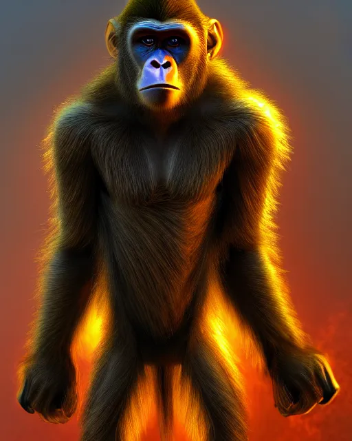 Image similar to fury art, an anthro ape monkey wearing a large cape and a fantasy armor, jungle, fiery background, 3 d, 8 k, extremely detailed, trending on furaffinity, trending on artstation, award winning, sharp focus, illustration