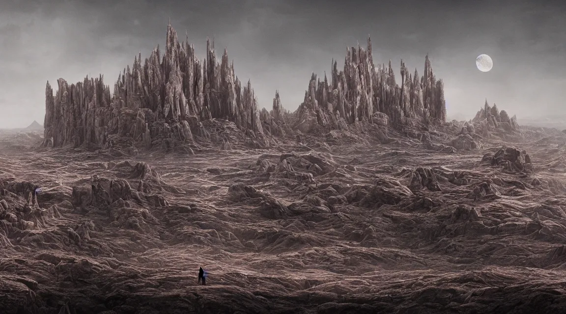 Prompt: stunning large format photograph, beautiful cinematic perspective of an incredible ultra detailed architectural masterpiece towering alien castle on a craggy grey moon inspired by moebius, strange gigantic mesas, distant mountains, soft black psychedelic haze in the sky, photographed in the style of denis villeneuve and greig fraser, Arri Alexa LF, crisp detailed ground, soft sky, visual effects and composite by ILM, 10k with IMAX post-processing