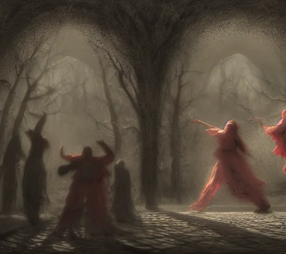 Prompt: scary, terrifying, evil shadow people dancing by gustave dore. back glass painting, carnation, encaustic painting, b - roll, establishing shot, dappled light, crime scene photography, 8 k, vray, unreal engine, blender cycles, colorful