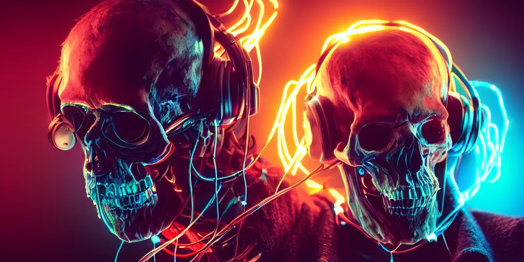 Prompt: a photorealistic cyberpunk skull, wearing headphones, bundles of electronic wires and cables coming out of its mouth, its eyes lighting up with LED lights, on stage at a party, vaporwave, scifi, trending on artstation, 4K, cinematic, epic lighting effects, strobe and laser lights, UHD, HDR