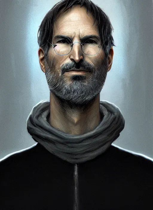 Image similar to portrait of steve jobs, white glowing eyes, silver shaggy hair, cloak, male, fantasy, extremely detailed, digital painting, artstation, concept art, sharp focus, illustration, stunning lighting, artgerm, alphonse mucha, simon stalenhag, light atmosphere, golden ratio, cinematic lighting, hyperdetailed, marc simonetti, greg rutkowski, 8 k