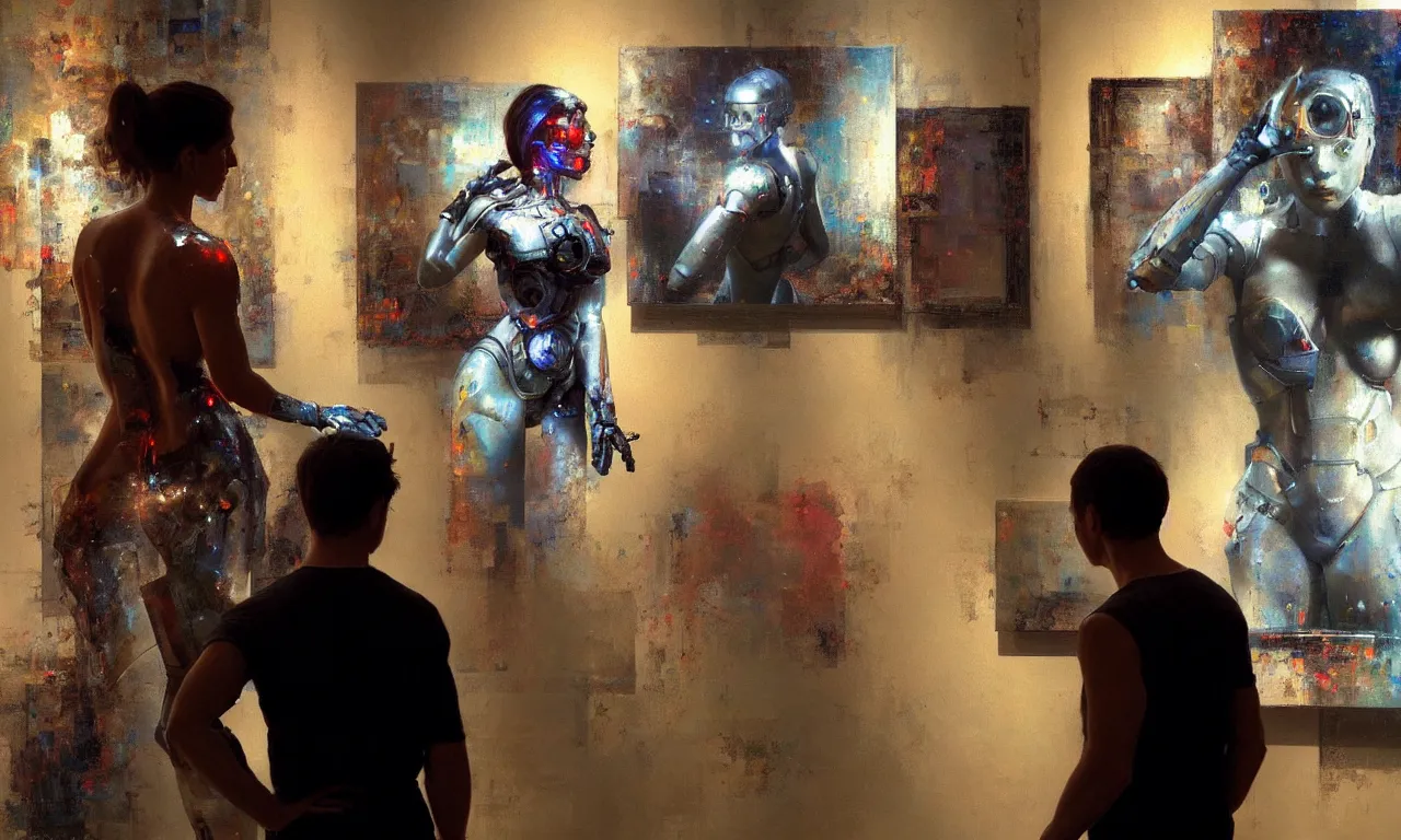 Prompt: photorealistic painting by craig mullins. a cyborg in an art gallery looking at a painting of a beautiful woman staring back at the cyborg. intricate details