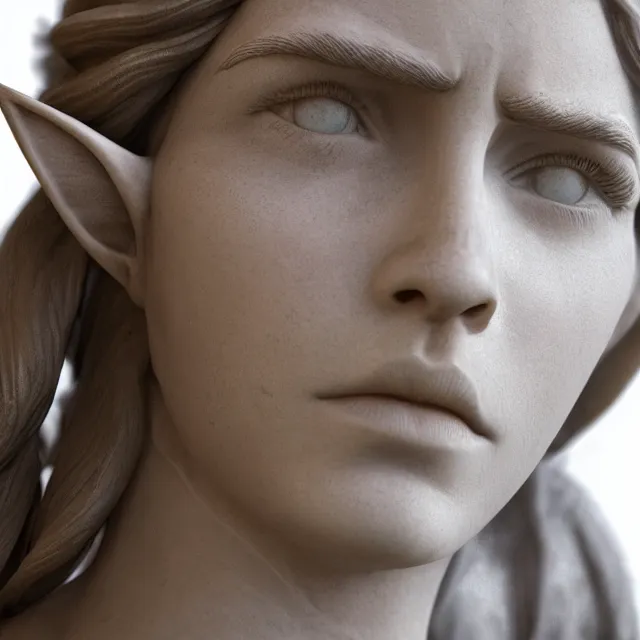 Image similar to marble sculpture of emma watson as an elf warrior, realistic, unreal engine render, octane render, hyper realistic, photo, 8 k, cinematic lighting