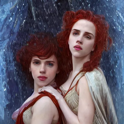 Prompt: an extremely detailed portrait of scarlett johansson and emma watson and christina hendricks as three polyamorous red haired vampire queens kissing in the rain sheltering under a large blue blanket, epic fantasy, viewed in profile from far away, sharp focus, detailed face, art by greg rutkowski and alphonse mucha, volumetric lighting, 4 k resolution, trending on artstation, masterpiece