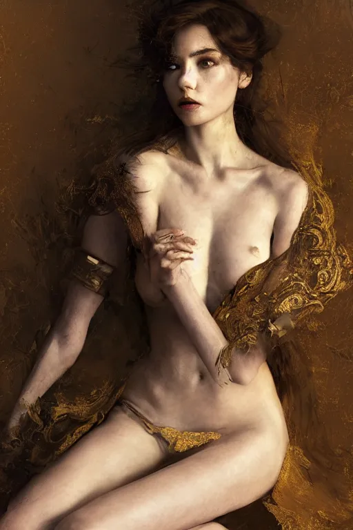 Image similar to portrait of a beautiful 20-year-old woman, in style of Valentin Serov, Dark Souls 3 themed, in style of Ruan Jia, insanely detailed and intricate, golden ratio, elegant, ornate, luxury, elite, matte painting, cinematic, cgsociety, James jean, Brian froud, ross tran, Laputa